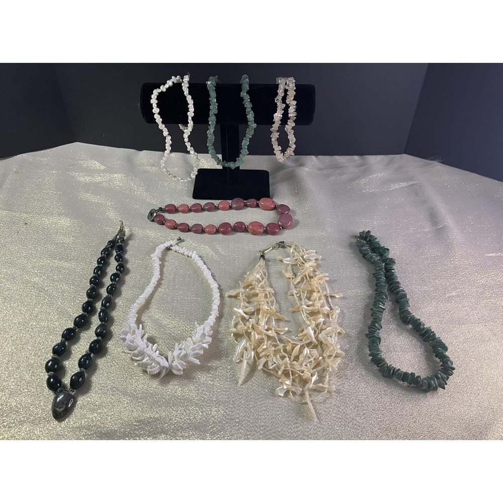 Lot Of 8 Semi Precious Stone Necklaces Jasper Mother Of Pearl Malachite Agate